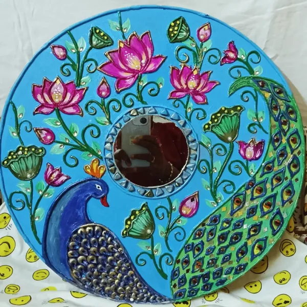 16 inch Peacock & Lotus Pond Lippan Art – A Mesmerizing Blend of Nature & Tradition
